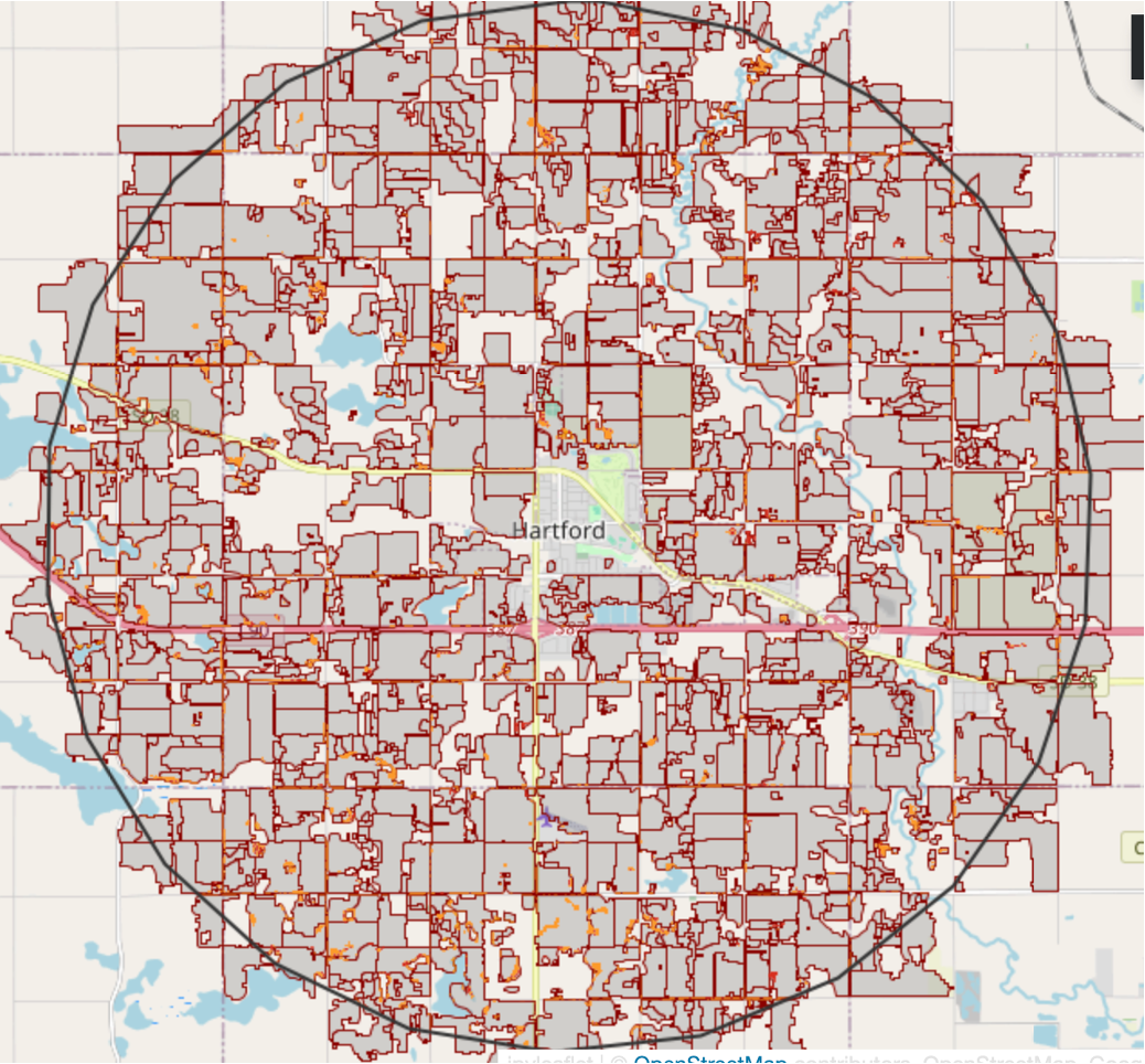 Sourcing analysis map showing eligible field parcels inside a draw radius around Hartford, with roads, rail, and waterways